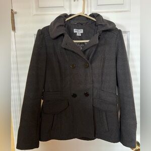 Black Double Button Coat with removable hood